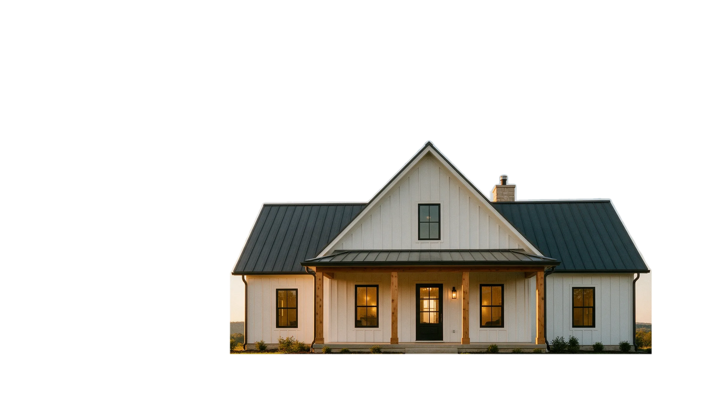 An illustration of a finished farmhouse at golden hour